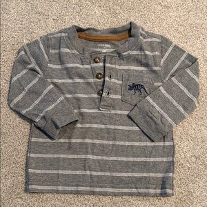 Gray Striped Long Sleeve Tee with Dinosaur Embroidered Frocket